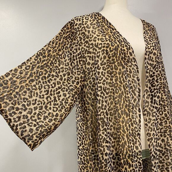 ZURY NWT OS Leopard Print Long Open Duster Kimono Cardigan Sheer Beach Cover Up - Picture 5 of 16